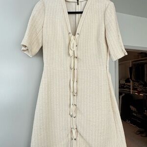 Maje Cream Ribbed Sheath Dress with Plunge Neckline